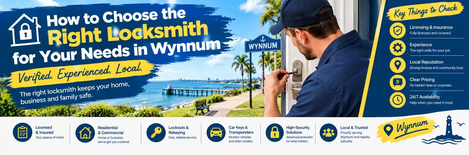 Professional locksmith working on a door lock in Wynnum, Queensland, with a checklist highlighting licensing, insurance, relevant experience, local reputation, transparent pricing and emergency availability.