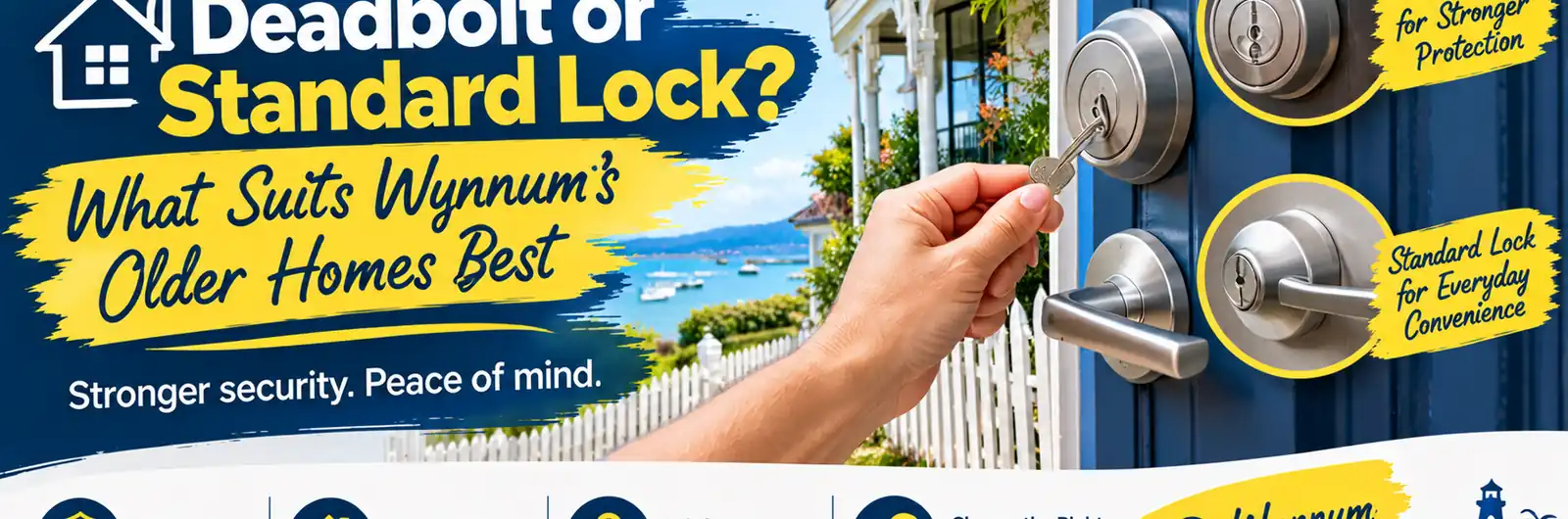 Deadbolt and standard door locks compared against a coastal Wynnum Queenslander home, illustrating stronger exterior door security while preserving the character of older homes.